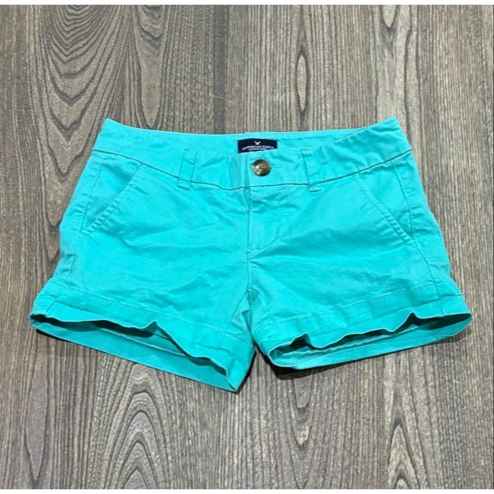 American Eagle Midi Stretch Shorts Mid-Rise Flat Front Cotton Blend Blue Size 00